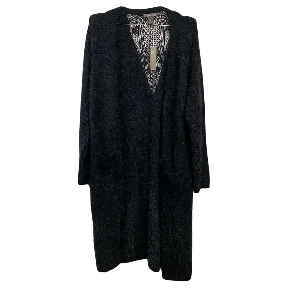 Lola B. Cardigan‎ Sweater Womens XL Black Fuzzy Eyelash Open Front Pockets SW607